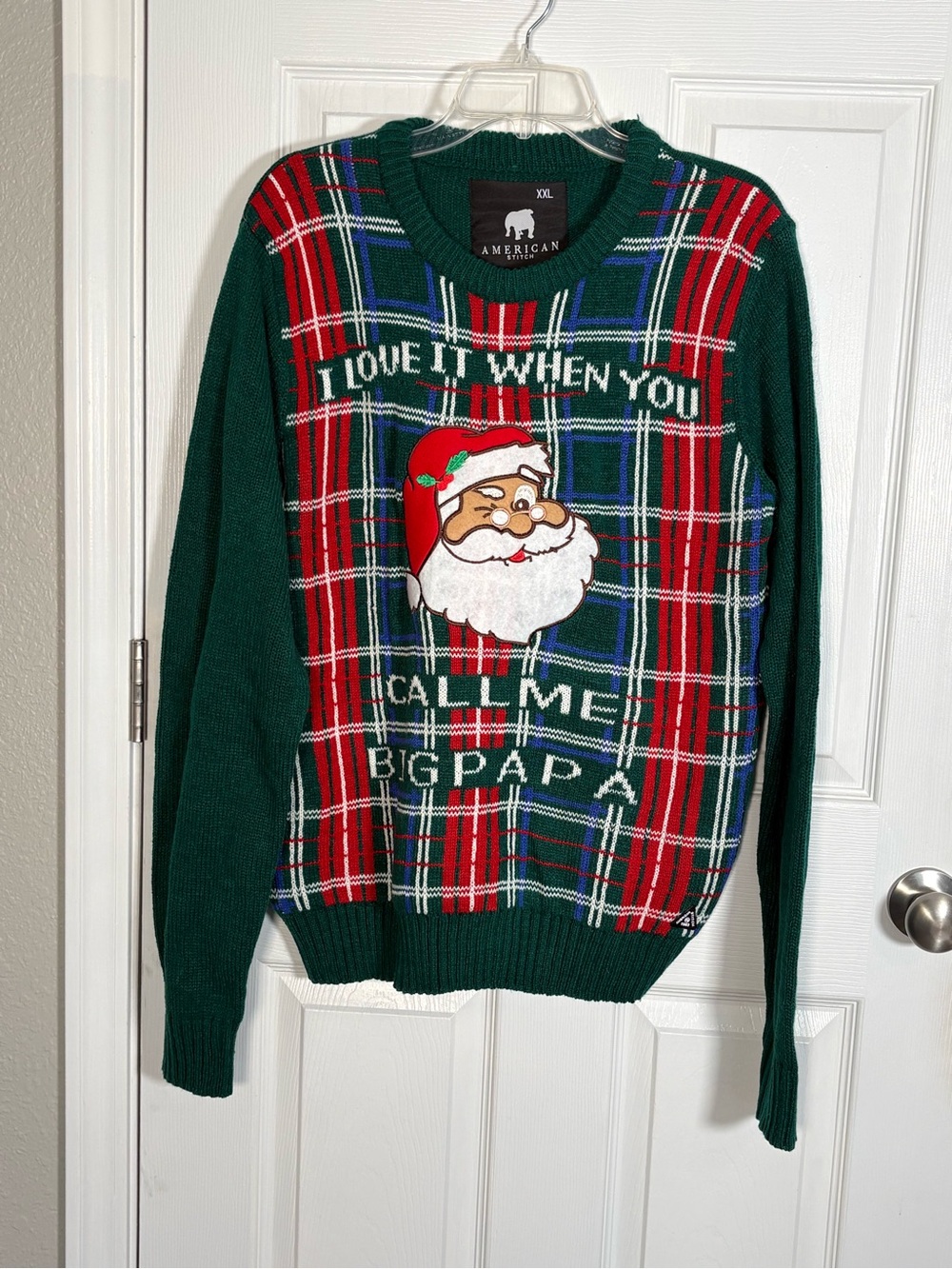 American Stitch  Apparel Green Plaid Santa Graphic Crewneck Sweater Size XXL